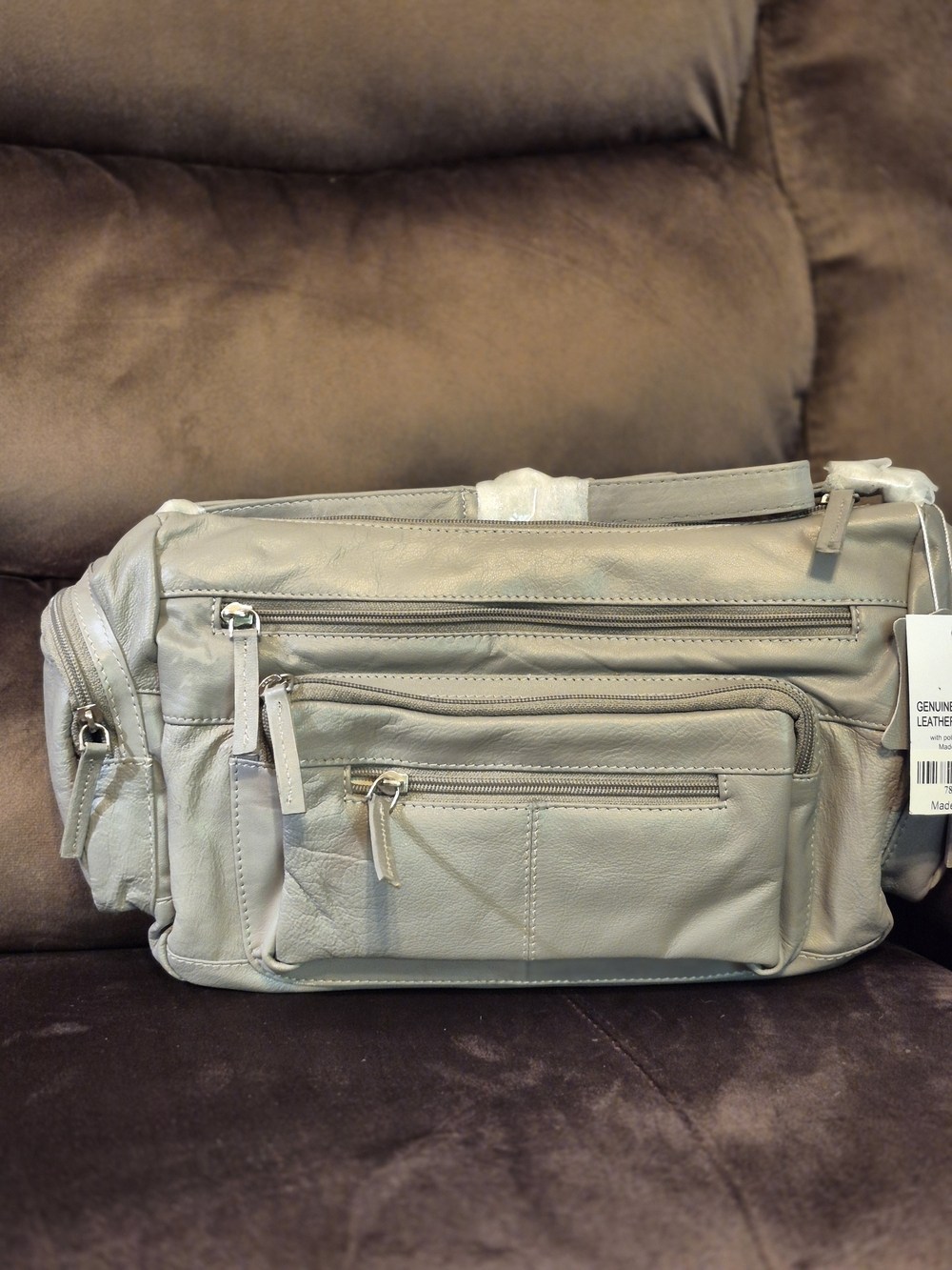Genuine Leather Shoulder Bag in Light Gray - Women's Multi-Pocket Carry